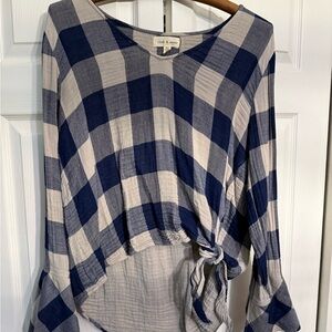 Cloth & Stone Navy and Cream Checkered Blouse with Bell Sleeve